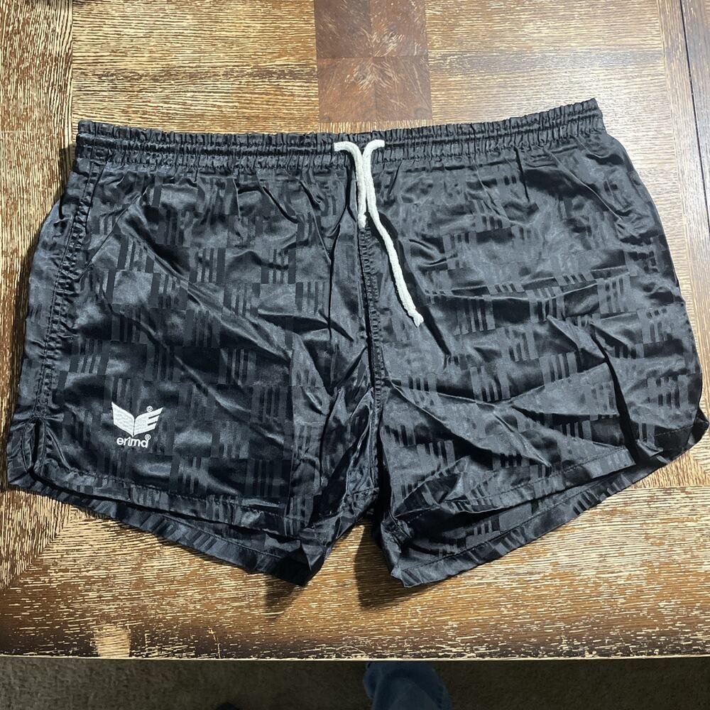 Vintage ERIMA Football Shorts L 36 Black Shiny Nylon Glanz Satin Sprinter 70s/80